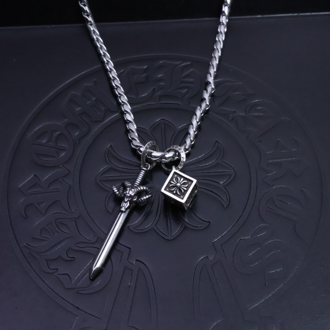 Chrome Hearts Ram - Head Sword & Engraved Cube Pendant Necklace - 925S Silver Chain CH - RSCECPN219