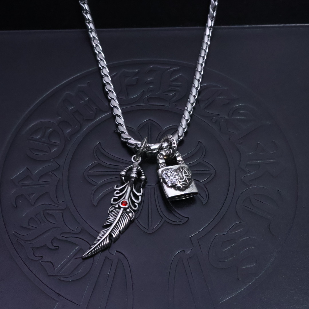 Chrome Hearts Feather & Lock Dual - Charm Pendant Necklace - 925S Silver Chain CH - FLDCPN216