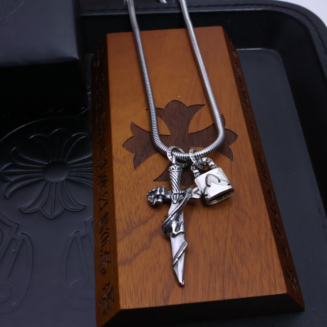 Chrome Hearts Dagger & Lock Dual - Charm Pendant Necklace - 925S Silver Chain CH - DLP N213