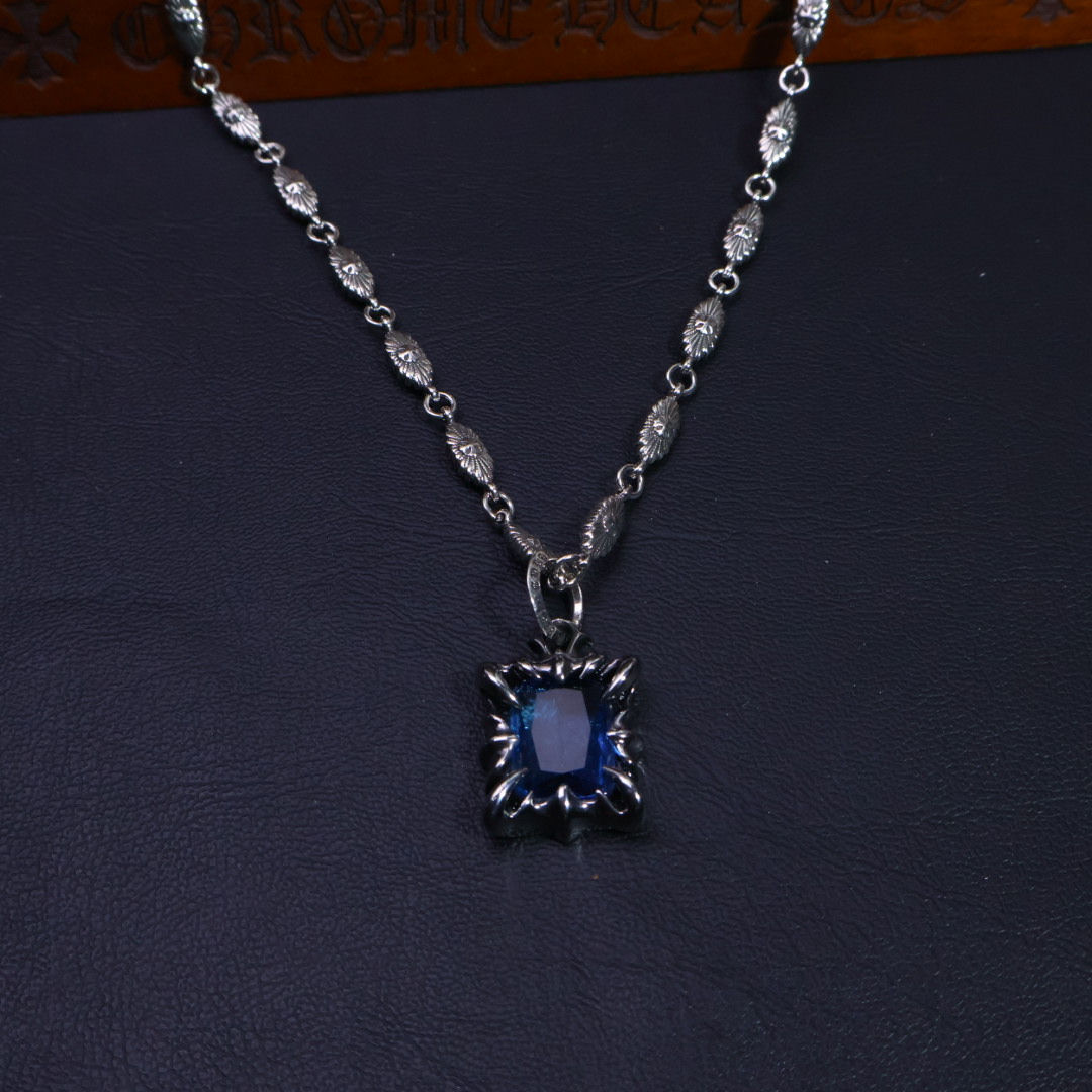 Chrome Hearts Blue Gem - Set Pendant Necklace - 925S Silver Chain CH - BGPN196