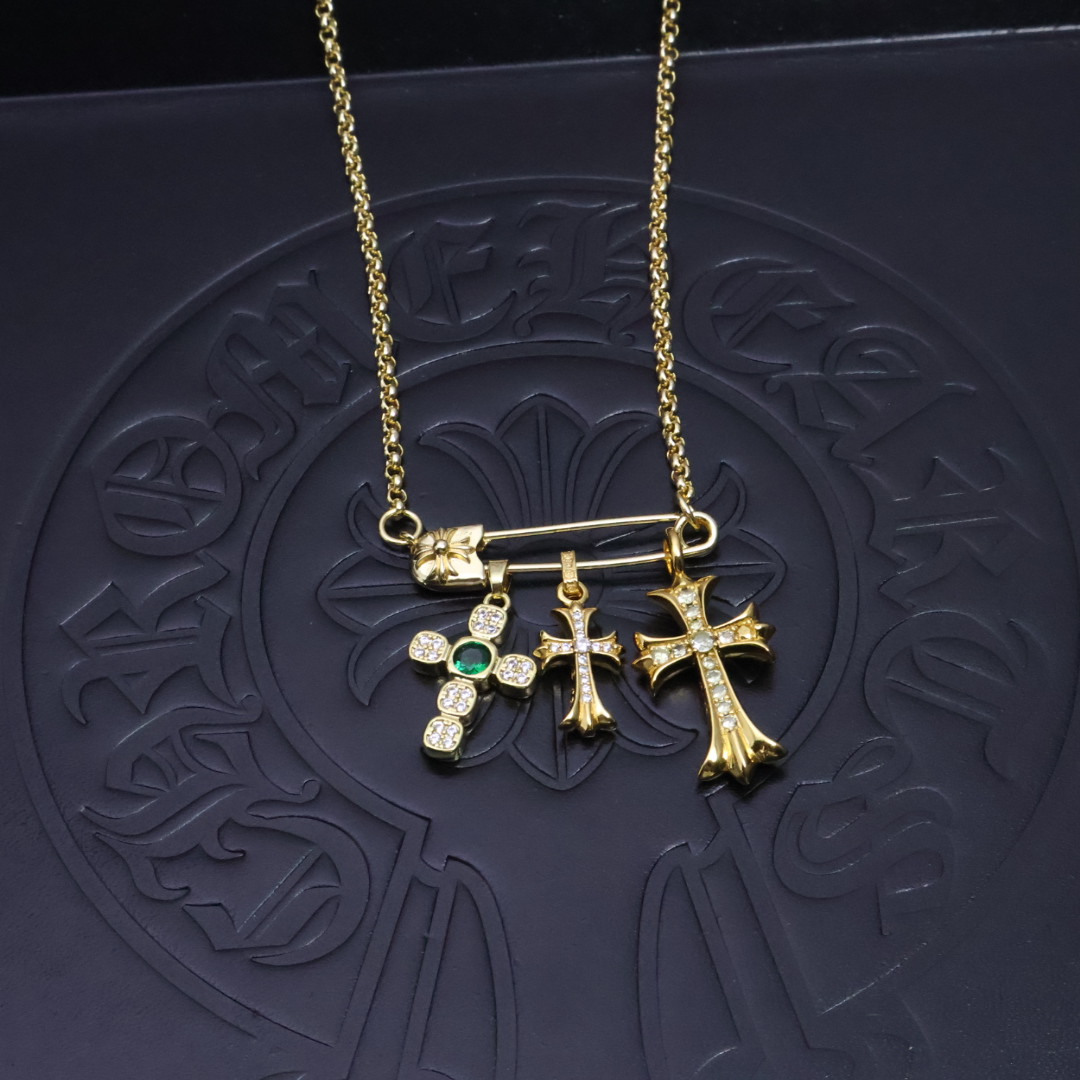 Chrome Hearts Multi - Charm Pin - Style Pendant Necklace - Gold - Tone Chain CH - MCPN188