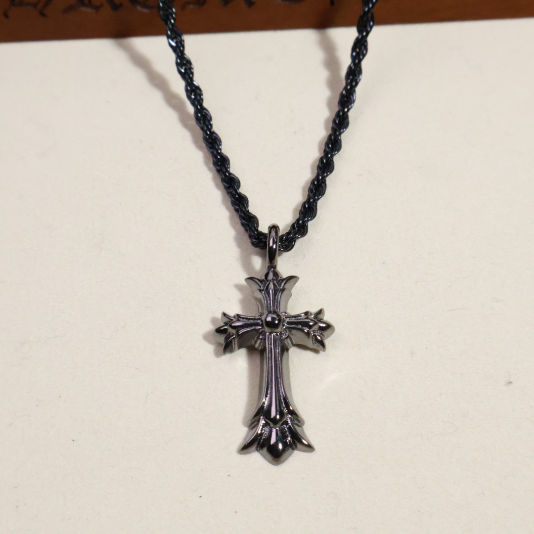Chrome Hearts Gothic Cross Pendant Necklace - 925S Silver Black - Tone Chain CH - GCCPN185