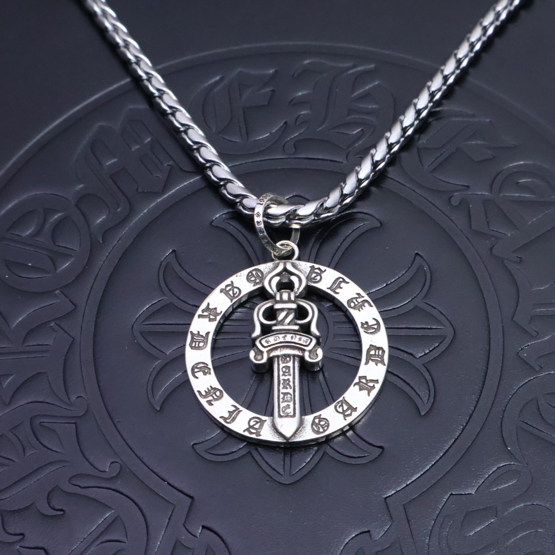 Chrome Hearts Runic Circle & Sword Pendant Necklace - 925S Silver Chain CH - RCSN179