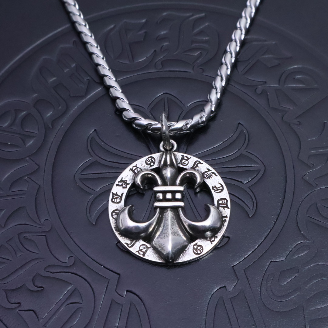 Chrome Hearts Runic Circle & Fleur - de - Lis Pendant Necklace - 925S Silver Chain CH - RFPN177