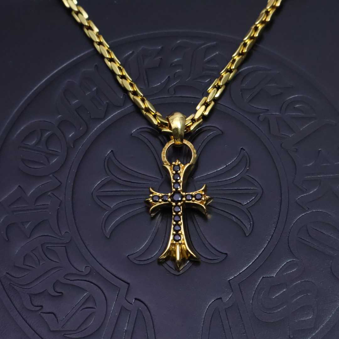 Chrome Hearts Black Gem - Inlaid Cross Pendant Necklace - 925S Gold - Tone Chain CH - BGICPN174