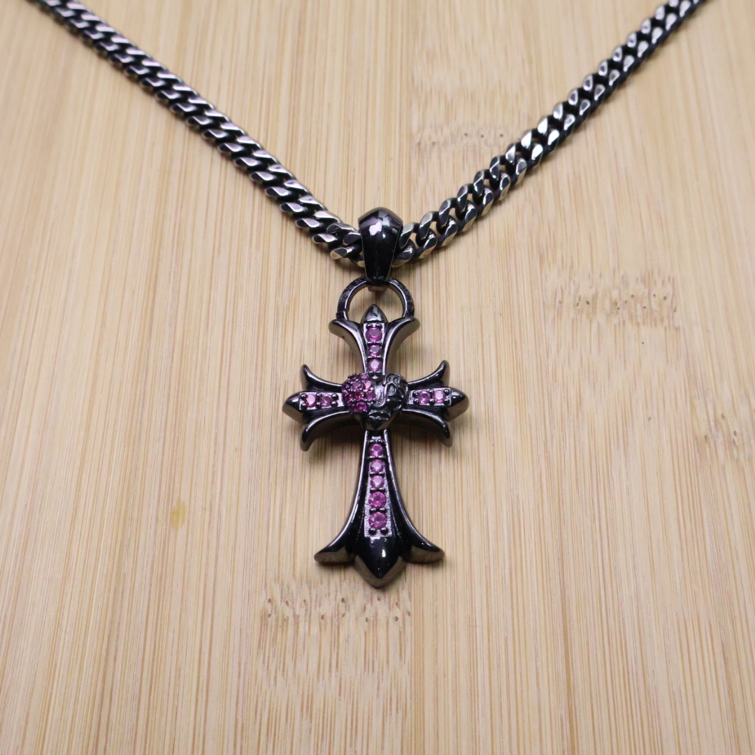 Chrome Hearts Pink Gem - Inlaid Cross Pendant Necklace - 925s Silver Black - Tone Chain CH - PGICPN173
