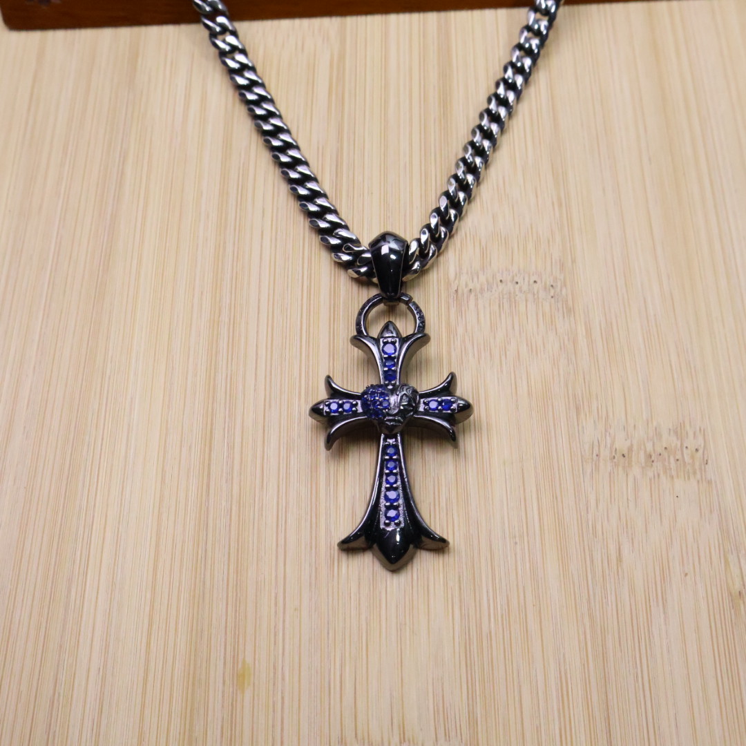 Chrome Hearts Sapphire - Inlaid Cross Pendant Necklace - Black - Tone Chain CH - SICPN171