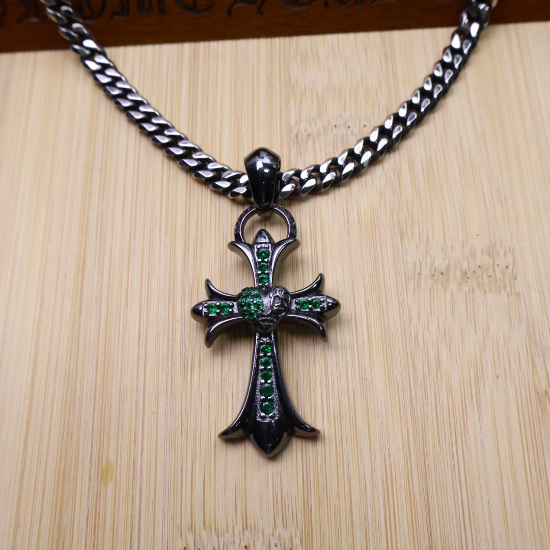 Chrome Hearts Emerald - Inlaid Cross Pendant Necklace - Black - Tone Chain CH - EICPN170