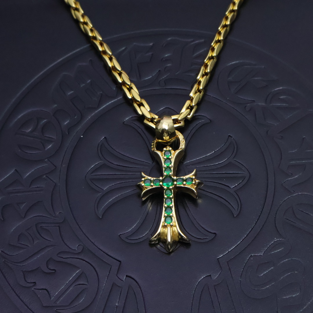 Chrome Hearts Emerald - Inlaid Cross Pendant Necklace - Gold - Tone Chain CH - EICPN168