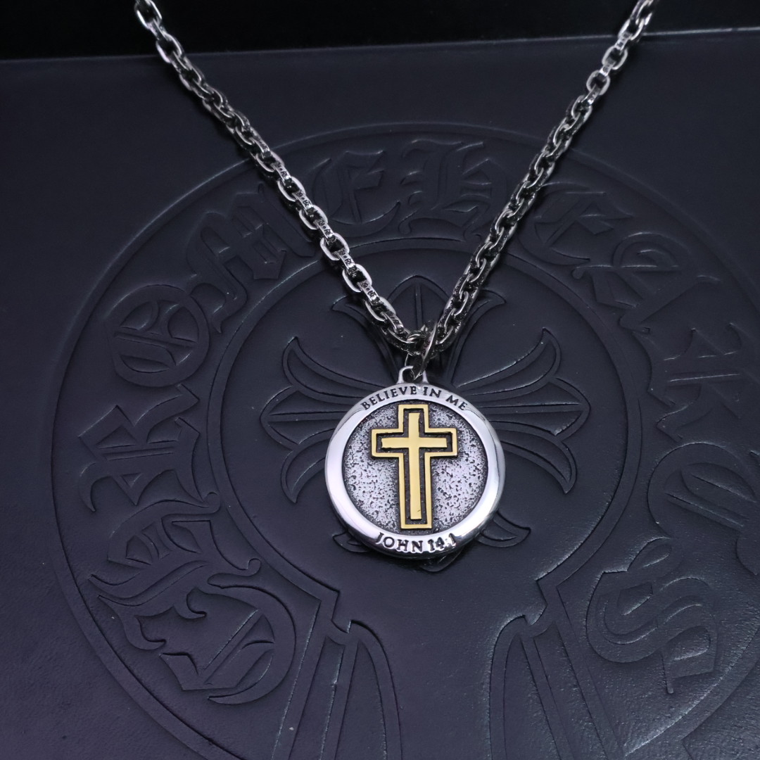 Chrome Hearts “Believe in Me” Cross Pendant Necklace - Silver - Tone Chain with Gold Accents CH - BICPN167