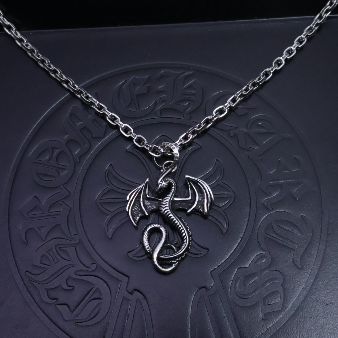 Chrome Hearts Dragon & Cross Pendant Necklace - Silver - Tone Chain CH - DCPN165