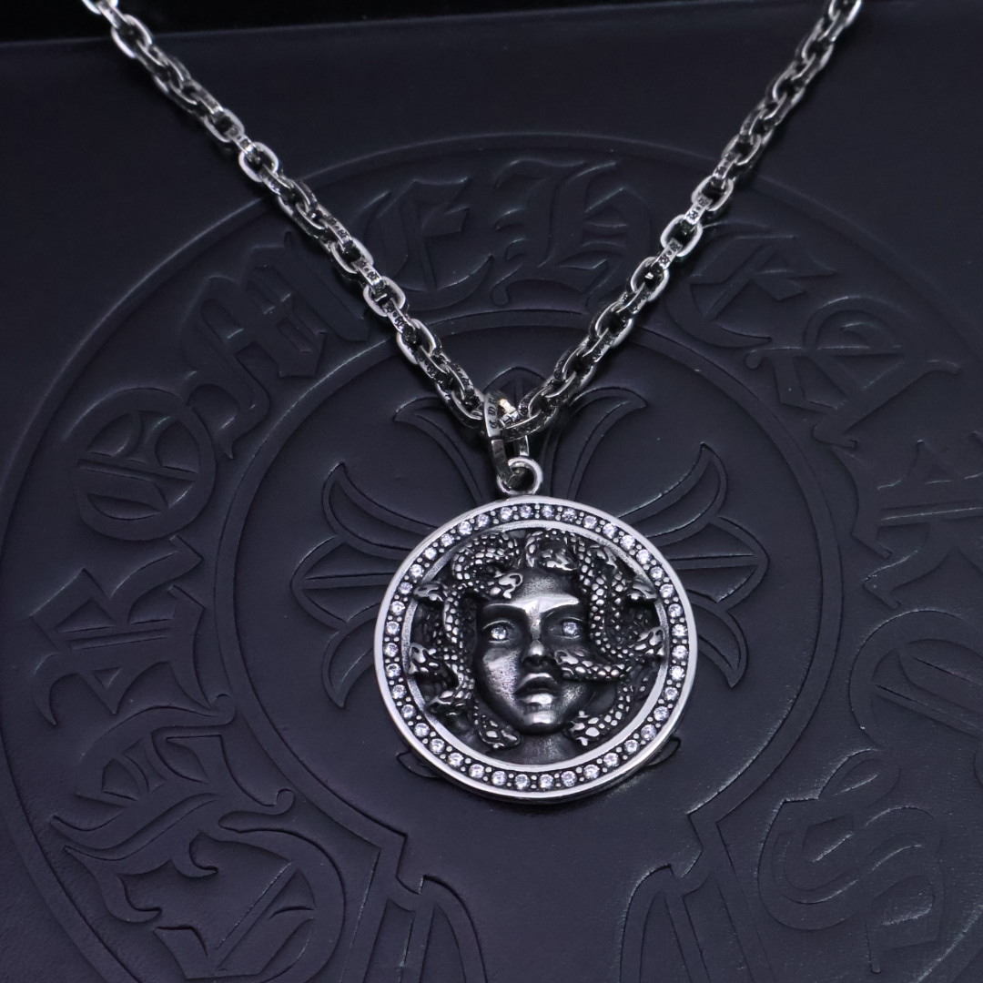Chrome Hearts Medusa Pendant Necklace - Silver - Tone Chain with Diamond Inlays CH - MPN161