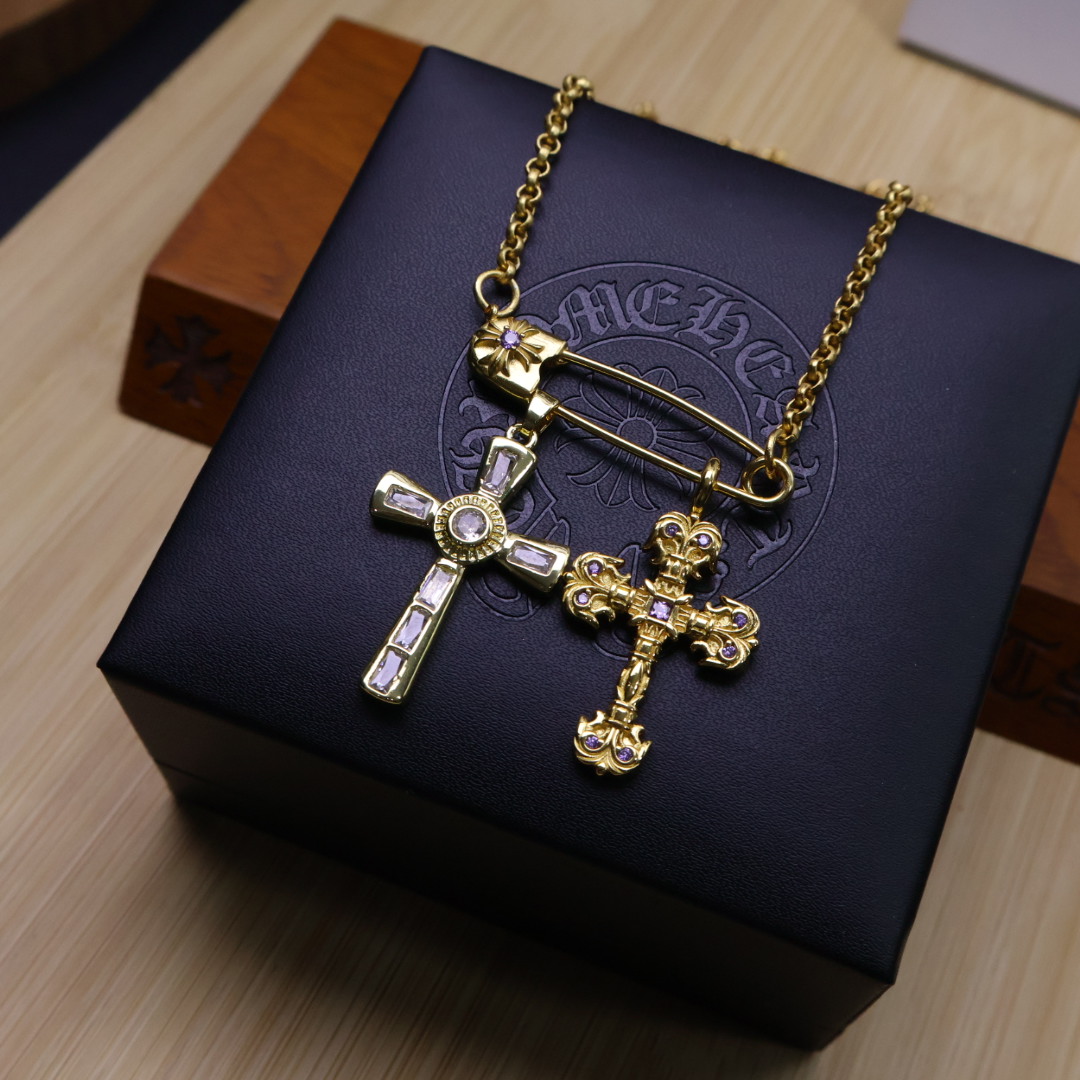 Chrome Hearts Safety Pin & Double Cross Pendant Necklace - Gold - Tone Chain with Purple Gem Inlays CH - SPDCPN156