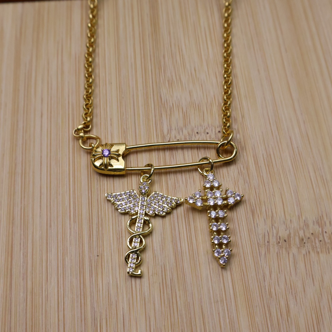 Chrome Hearts Safety Pin & Multi - Symbol Pendant Necklace - Gold - Tone Chain with Gem & Diamond Inlays CH - SPMCPN155