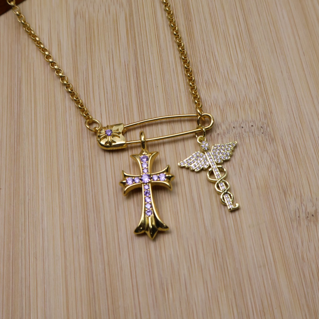 Chrome Hearts Safety Pin & Multi - Symbol Pendant Necklace - Gold - Tone Chain with Gem & Diamond Inlays CH - SPMCPN154