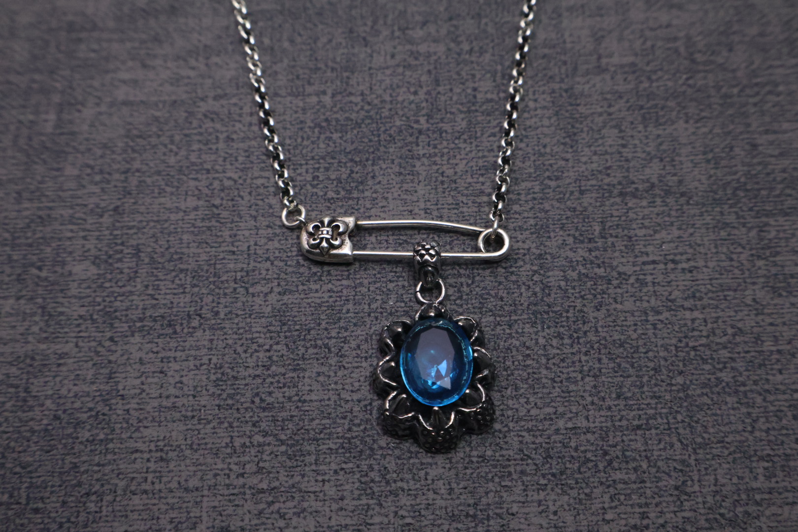 Chrome Hearts Safety Pin & Blue Gem Pendant Necklace - Silver - Tone Chain with Gem Inlays CH - SPBGPN152