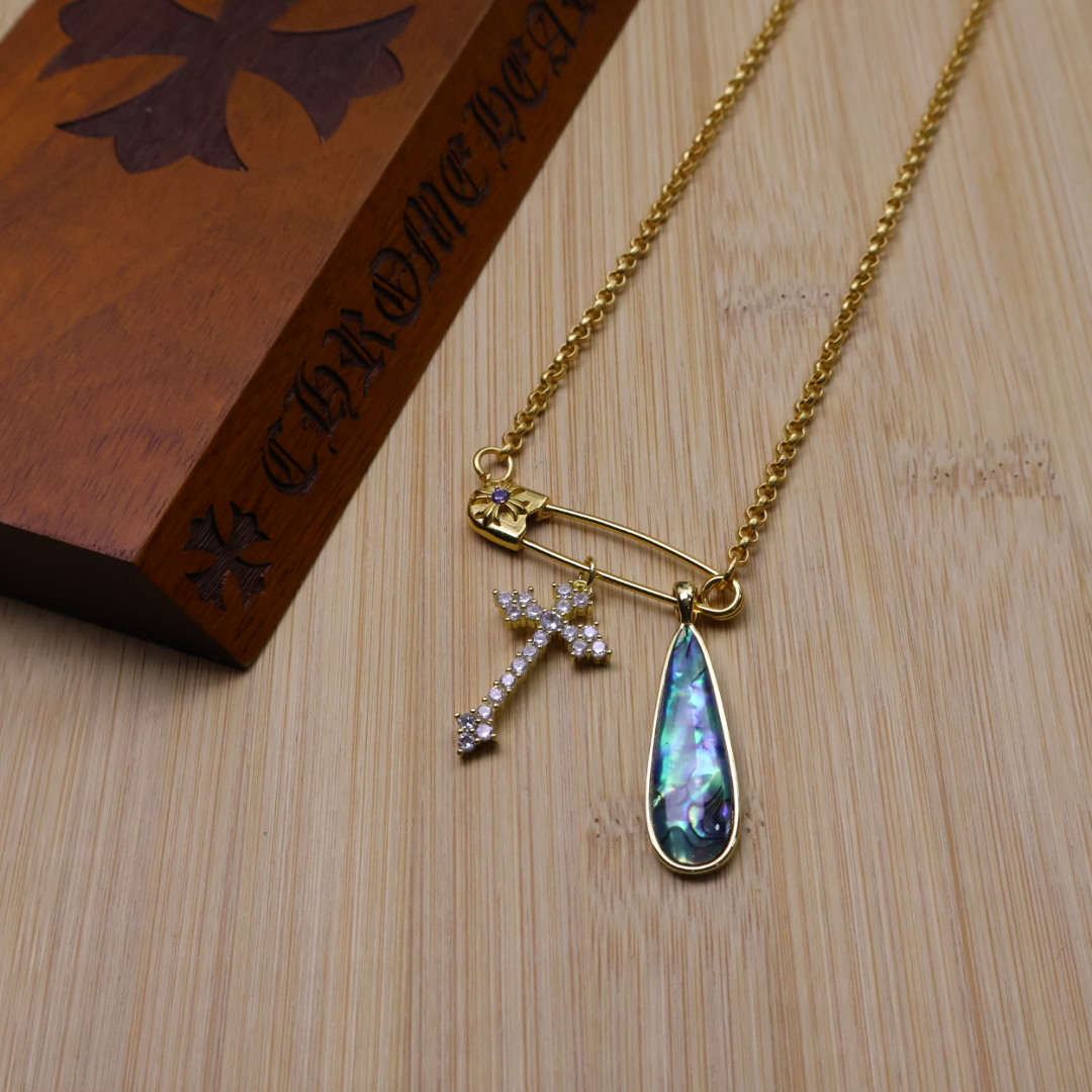 Chrome Hearts Safety Pin & Multi - Charm Pendant Necklace - Gold - Tone Chain with Gem & Abalone Shell Inlays CH - SPMCPN151