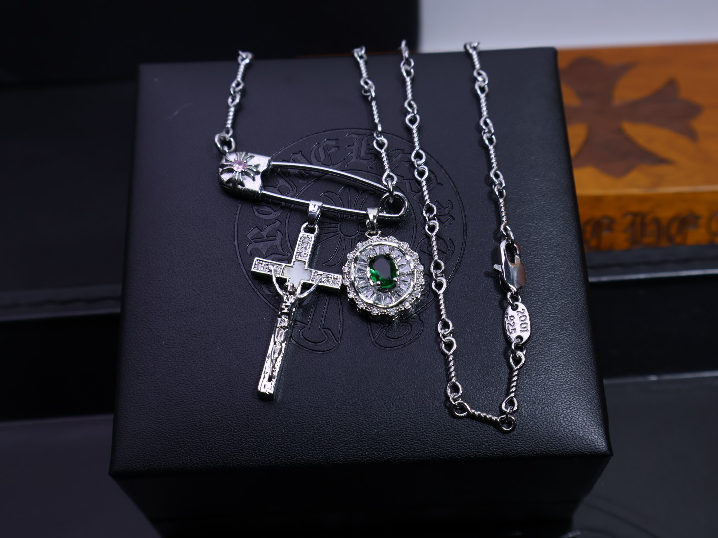 Chrome Hearts Safety Pin & Religious Charm Pendant Necklace - Silver - Tone Chain with Gem & Diamond Inlays CH - SPRCPN150