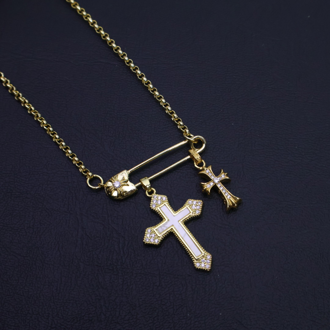 Chrome Hearts Safety Pin & Double Cross Pendant Necklace - Gold - Tone Chain with Diamond & Enamel Inlays CH - SPDCPN148