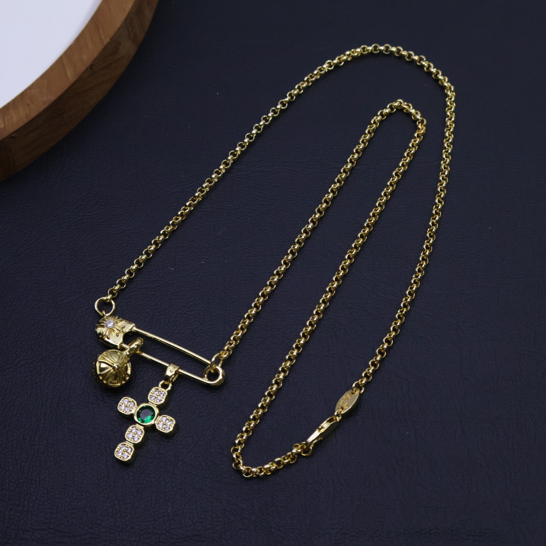 Chrome Hearts Safety Pin & Multi - Charm Pendant Necklace - Gold - Tone Chain with Gem & Diamond Inlays CH - SPMCPN144