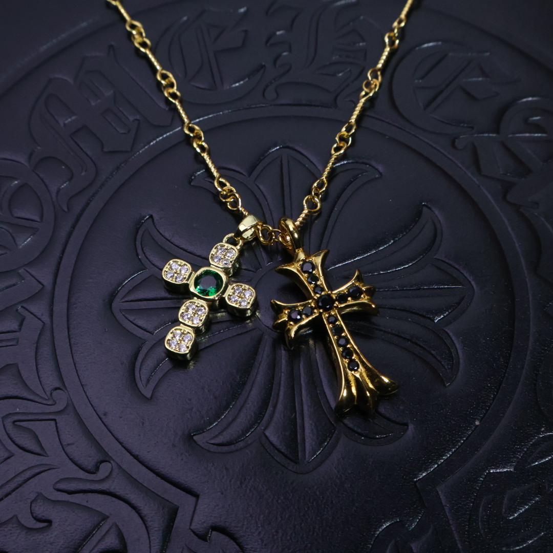 Chrome Hearts Double Cross Pendant Necklace - Gold - Tone Chain with Gem & Diamond Inlays CH - DCPN136