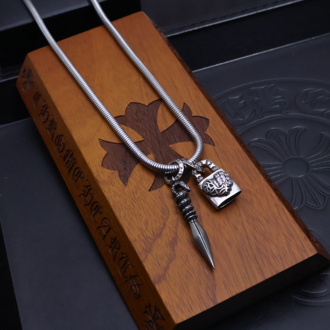 Chrome Hearts Multi - Charm Pendant Set - Silver - Tone Chain with Diamond Inlay CH - MCPSET131