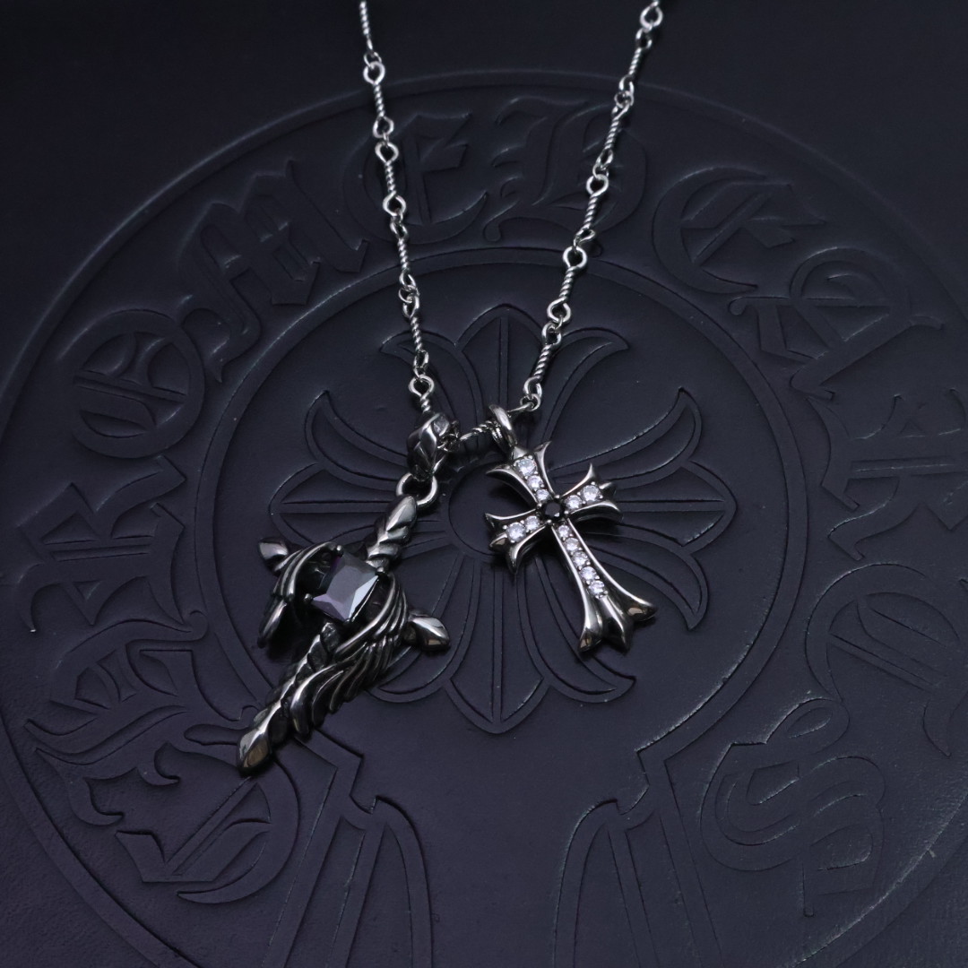 Chrome Hearts Dual - Charm Pendant Necklace - Silver - Tone Chain with Gem & Diamond Inlays CH - DCPN132