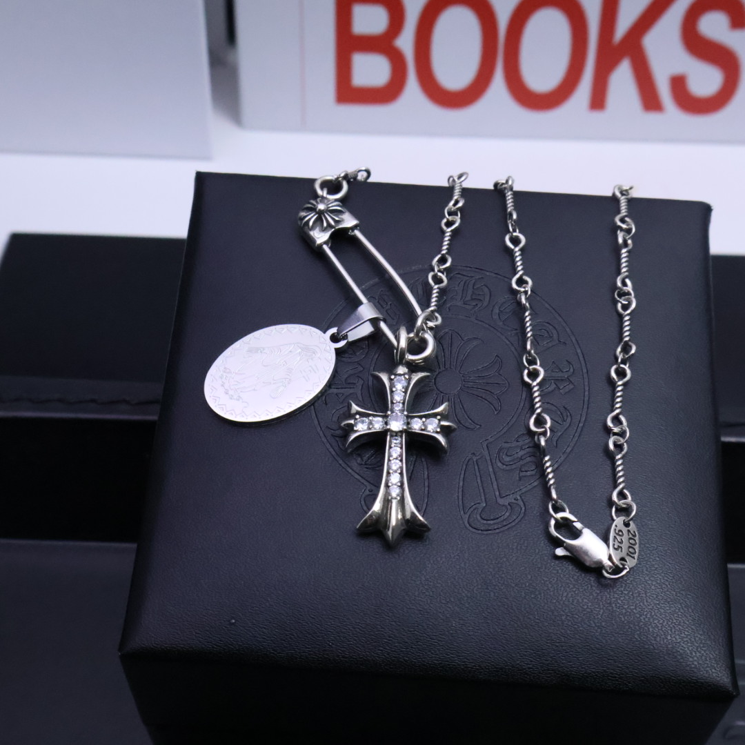 Chrome Hearts Safety Pin & Dual - Motif Pendant Necklace - Silver - Tone Chain with Diamond Inlay CH - SPDMPN130