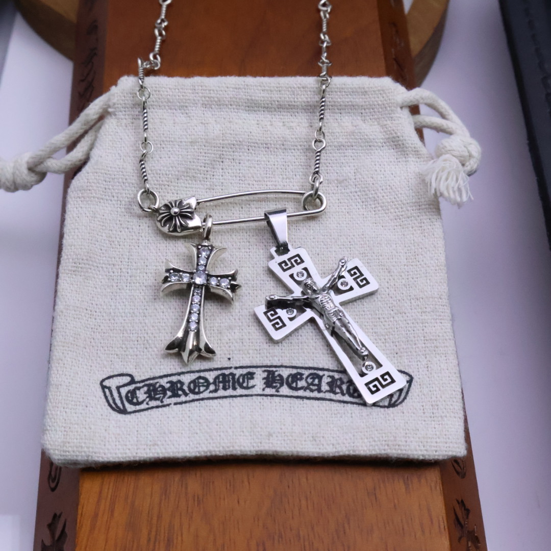 Chrome Hearts Safety Pin & Double Crucifix Pendant Necklace - Silver - Tone Chain with Diamond Inlay CH - SPDCPN128