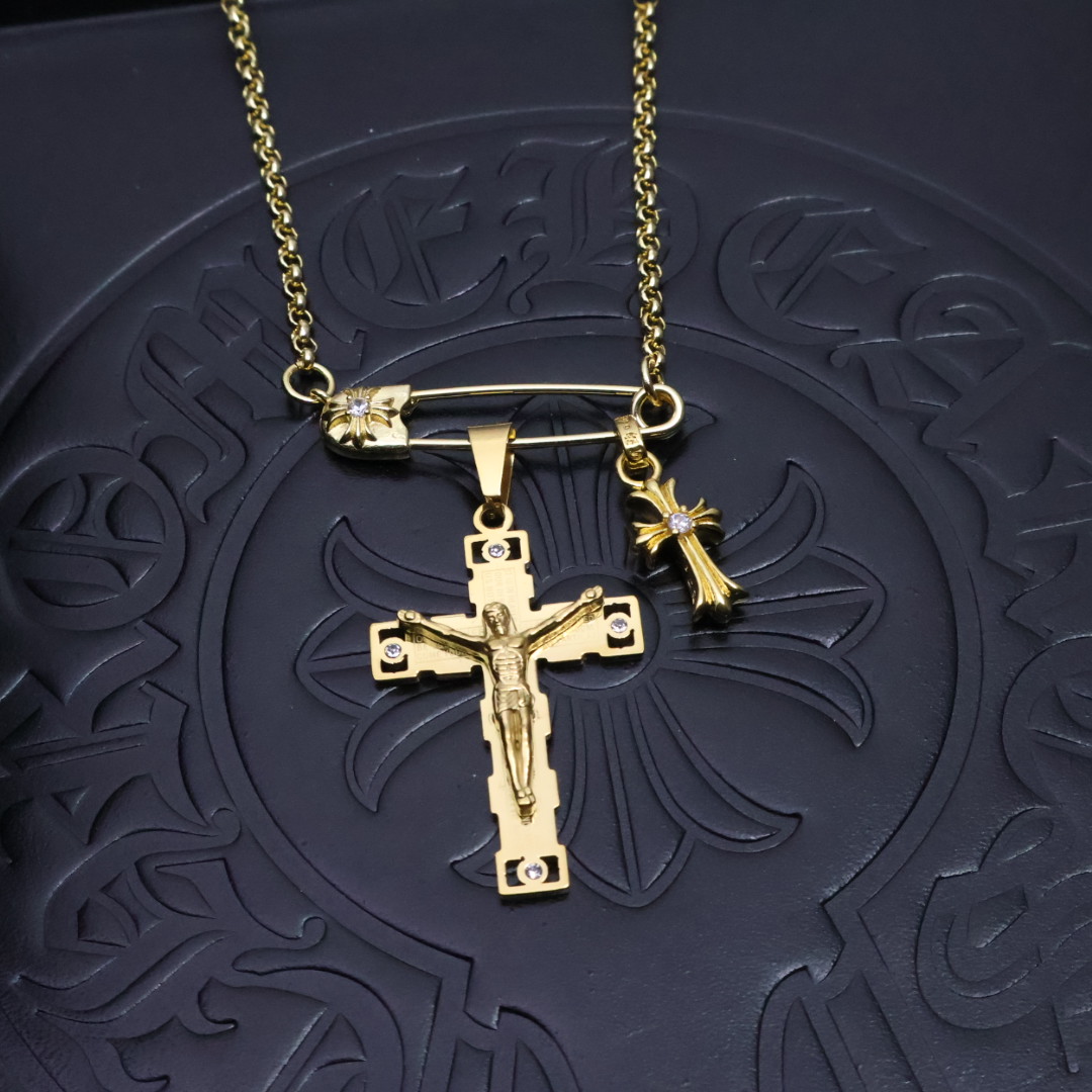 Chrome Hearts Crucifix & Cross Pendant Necklace - Gold - Tone Chain with Diamond Inlays CH - CCCPN126