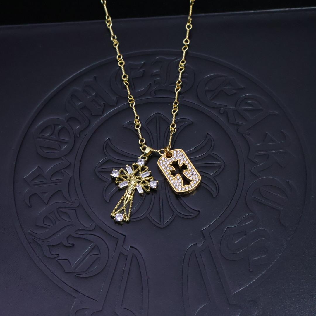 Chrome Hearts Cross & Dog - Tag Pendant Necklace - Gold - Tone Chain with Diamond Inlays CH - CDTPN123