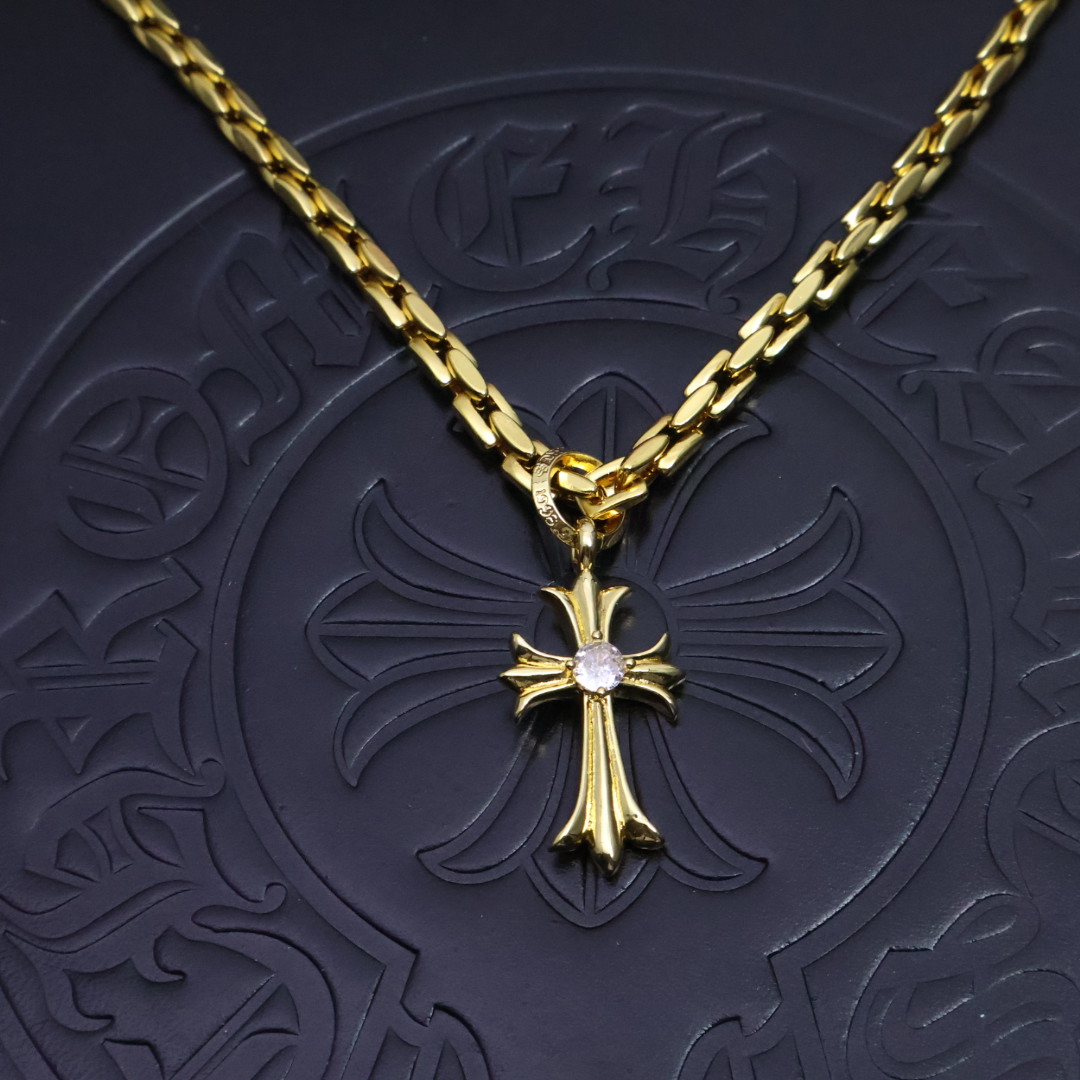 Chrome Hearts Diamond - Inlaid Cross Pendant Necklace - Gold - Tone Chain CH - CDCP119