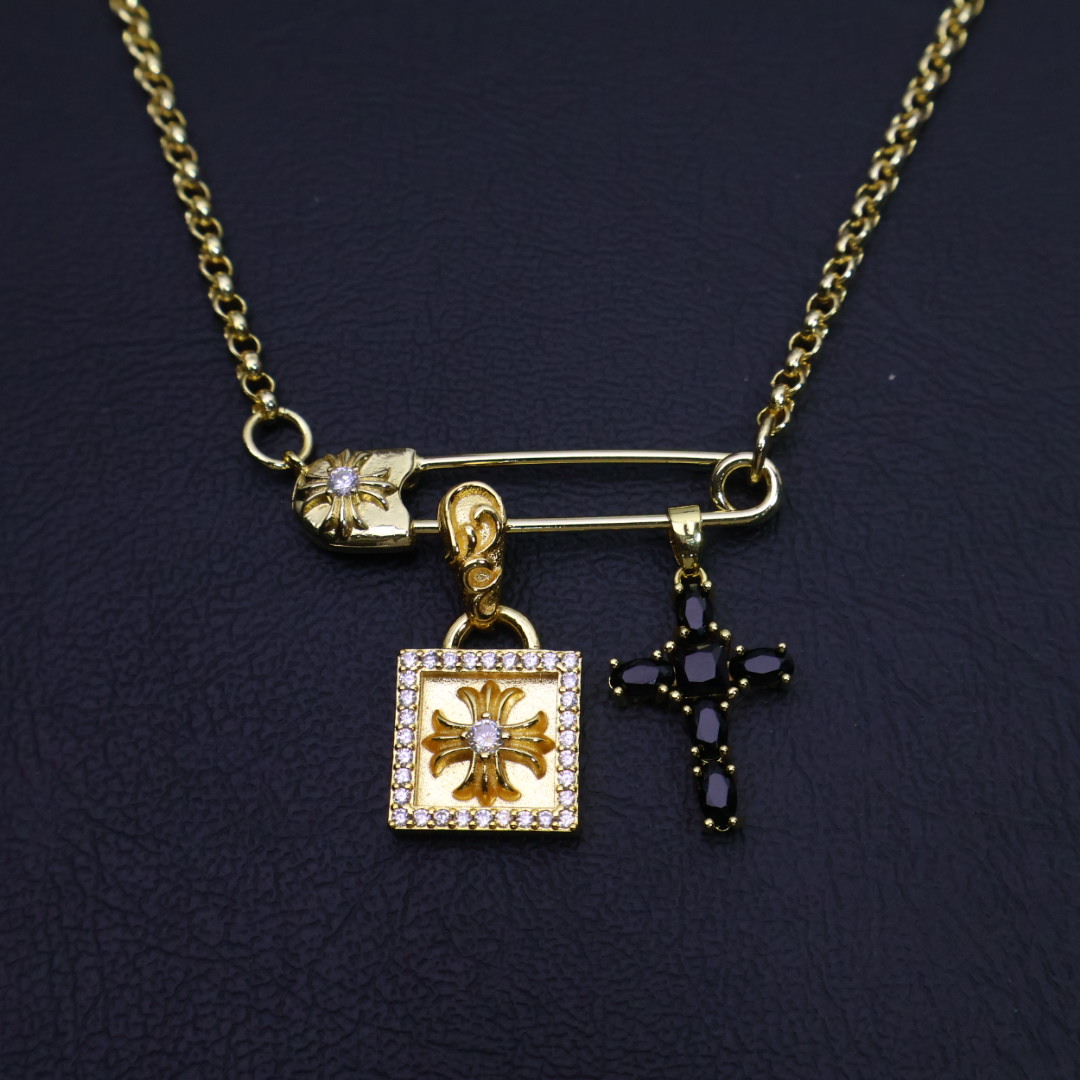Chrome Hearts Multi - Charm Pendant Necklace - Gold - Tone Chain with Diamond & Black Gem Inlays CH - MCPN117
