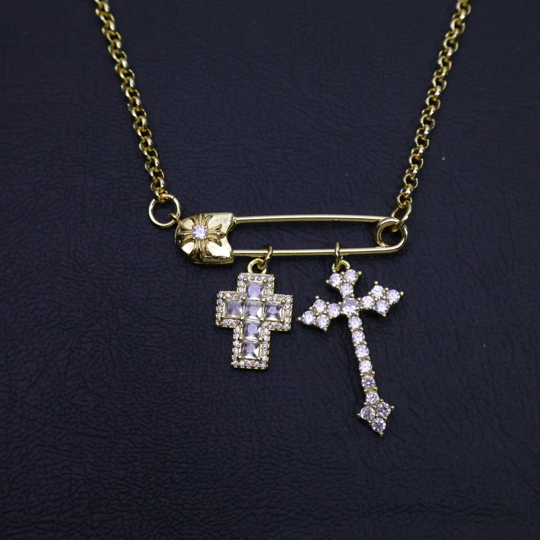 Chrome Hearts Safety Pin & Double Cross Pendant Necklace - Gold - Tone Chain with Diamond Inlays CH - SPDCP116
