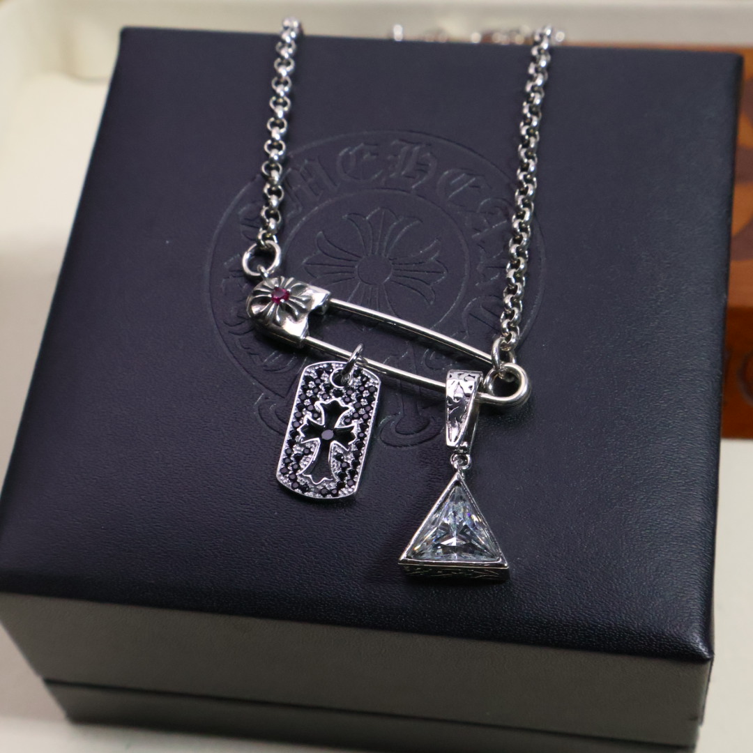 Chrome Hearts Multi - Charm Pendant Necklace - 925S Silver Chain with Gem Inlay CH - MCPN112