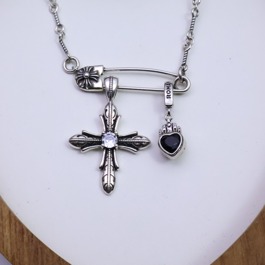 Chrome Hearts Multi - Charm Pendant Necklace - 925S Silver Chain with Gem Inlays CH - MCPN110