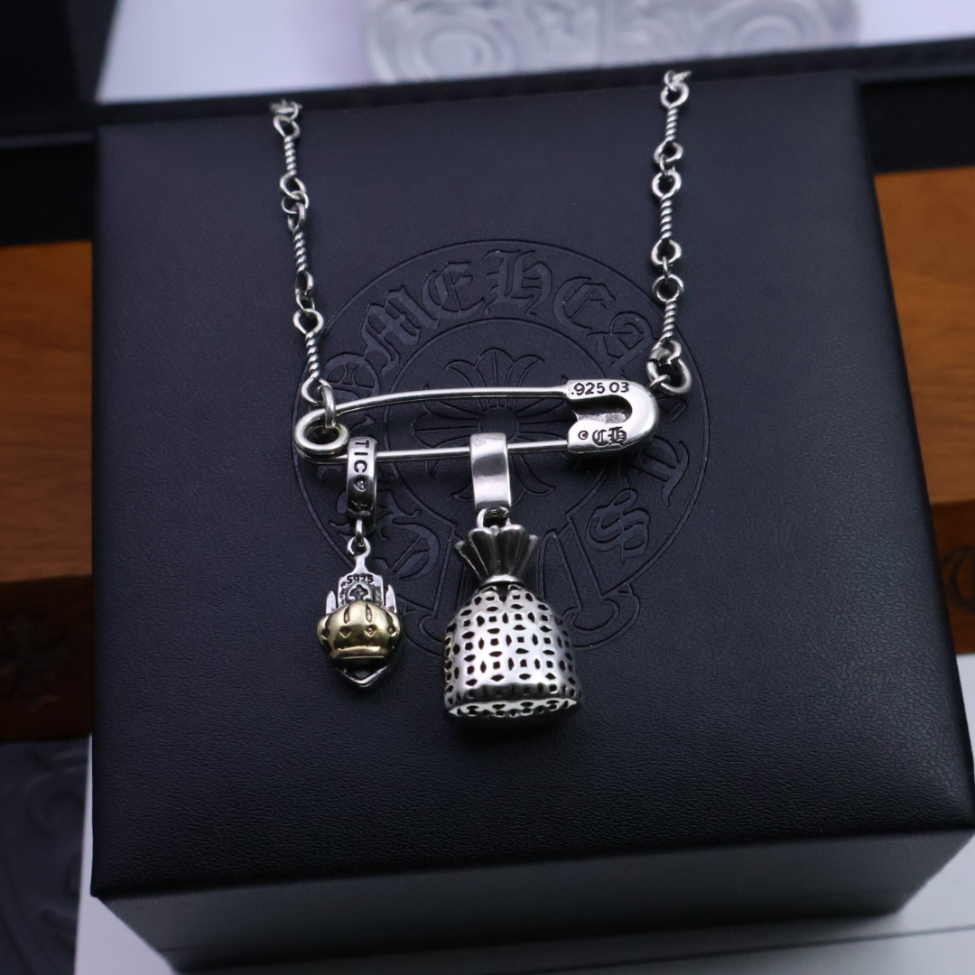 Chrome Hearts Multi - Charm Pendant Necklace - 925S Silver Chain with Gem Inlay CH - MCPN109