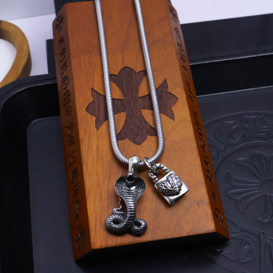 Chrome Hearts Cobra & Lock Pendant Set - 925S Silver Snake Chain Jewelry CH - CLPS106