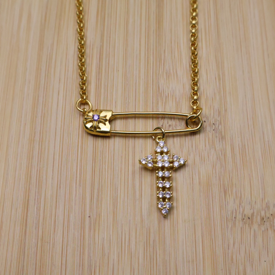 Chrome Hearts Safety Pin & Diamond Cross Pendant Necklace - Gold - Tone Chain Jewelry CH - SPDCP103