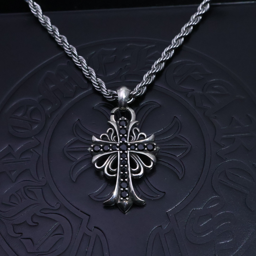 Chrome Hearts Black Diamond - Inlaid Filigree Cross Pendant Necklace - 925S Silver Rope Chain CH - BDFCP100