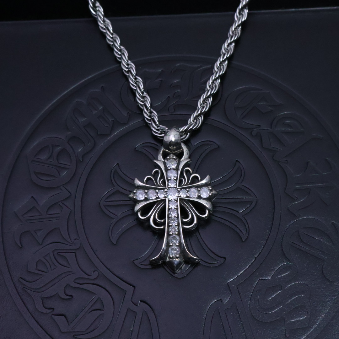 Chrome Hearts Diamond - Inlaid Filigree Cross Pendant Necklace - 925S Silver Rope Chain CH - DIFCP99