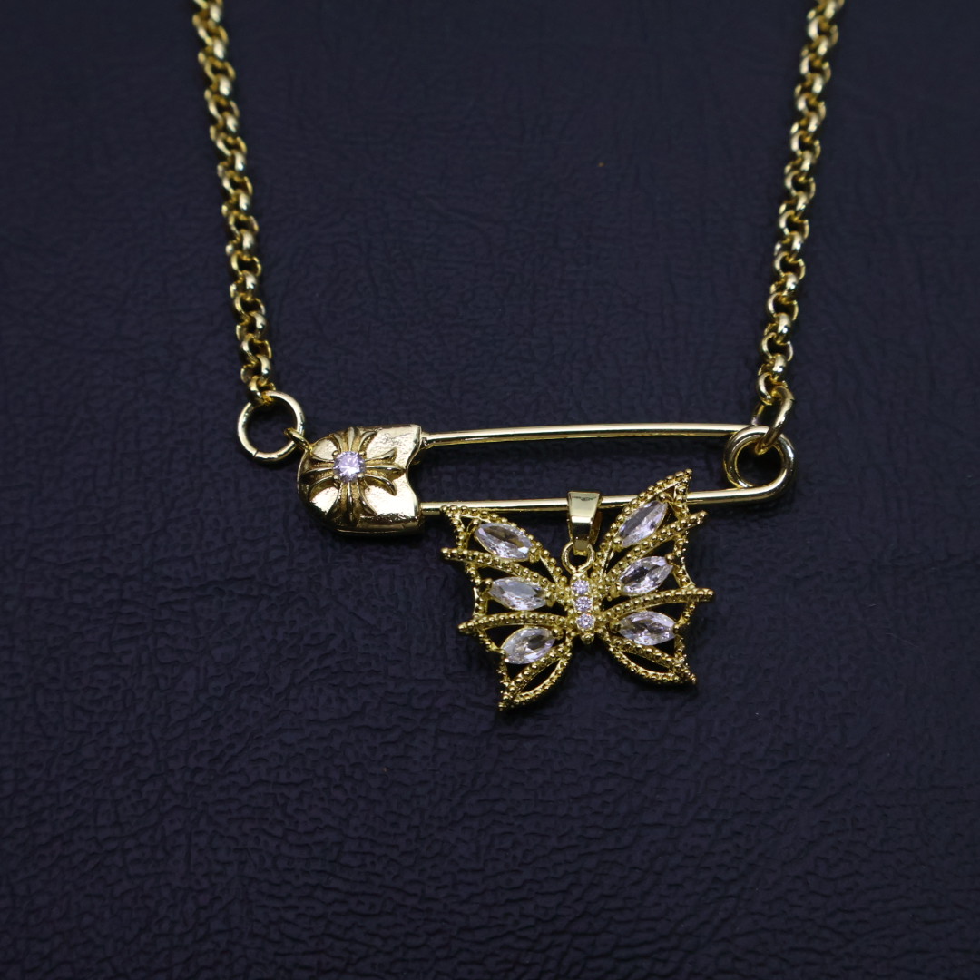 Butterfly & Safety Pin Pendant Necklace - Gold - Tone Chain with Crystal Inlays