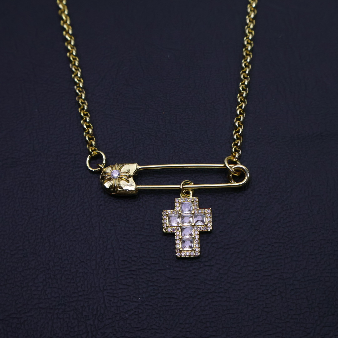 Chrome Hearts Safety Pin & Diamond Cross Pendant Necklace - Gold - Tone Chain Jewelry CH - SPDCP98