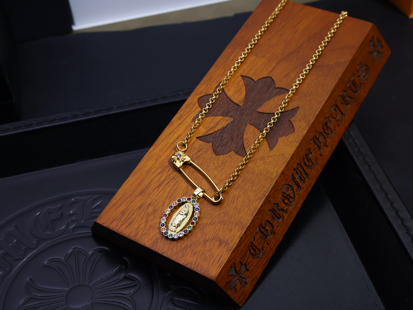 Chrome Hearts Safety Pin & Virgin Mary Pendant Necklace - Gold - Tone Chain Jewelry with Colorful Gem Inlays CH - SPVMP97
