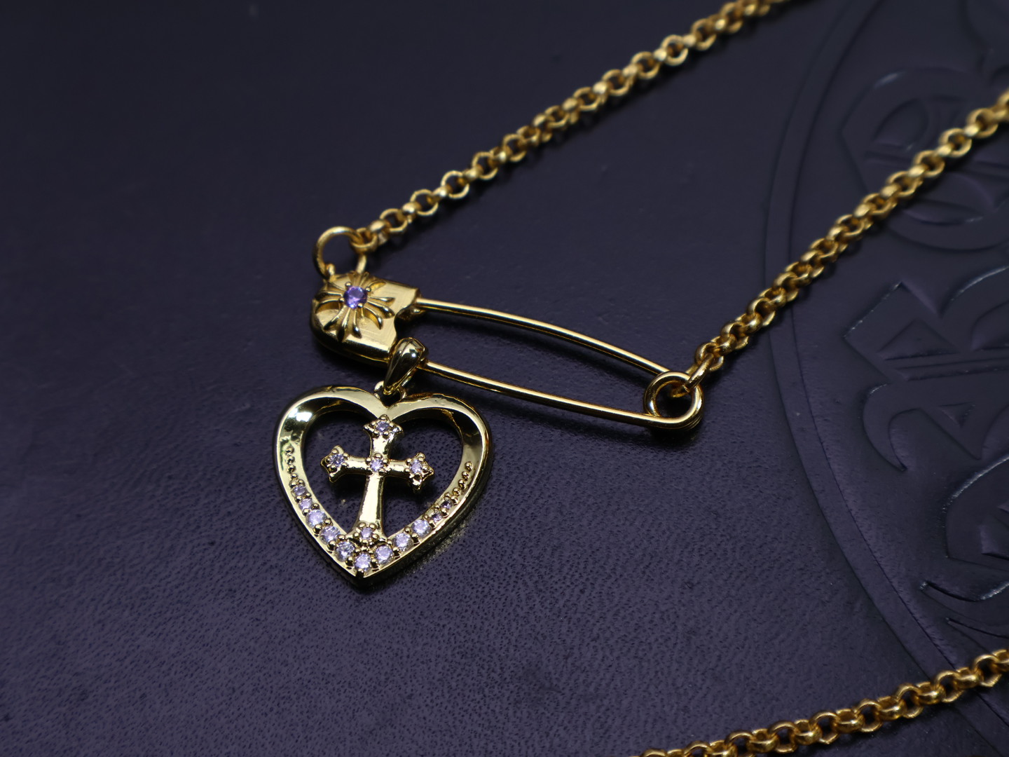 Chrome Hearts Safety Pin & Heart - Cross Pendant Necklace - Gold - Tone Chain Jewelry with Gem Inlays CH - SPHCP96