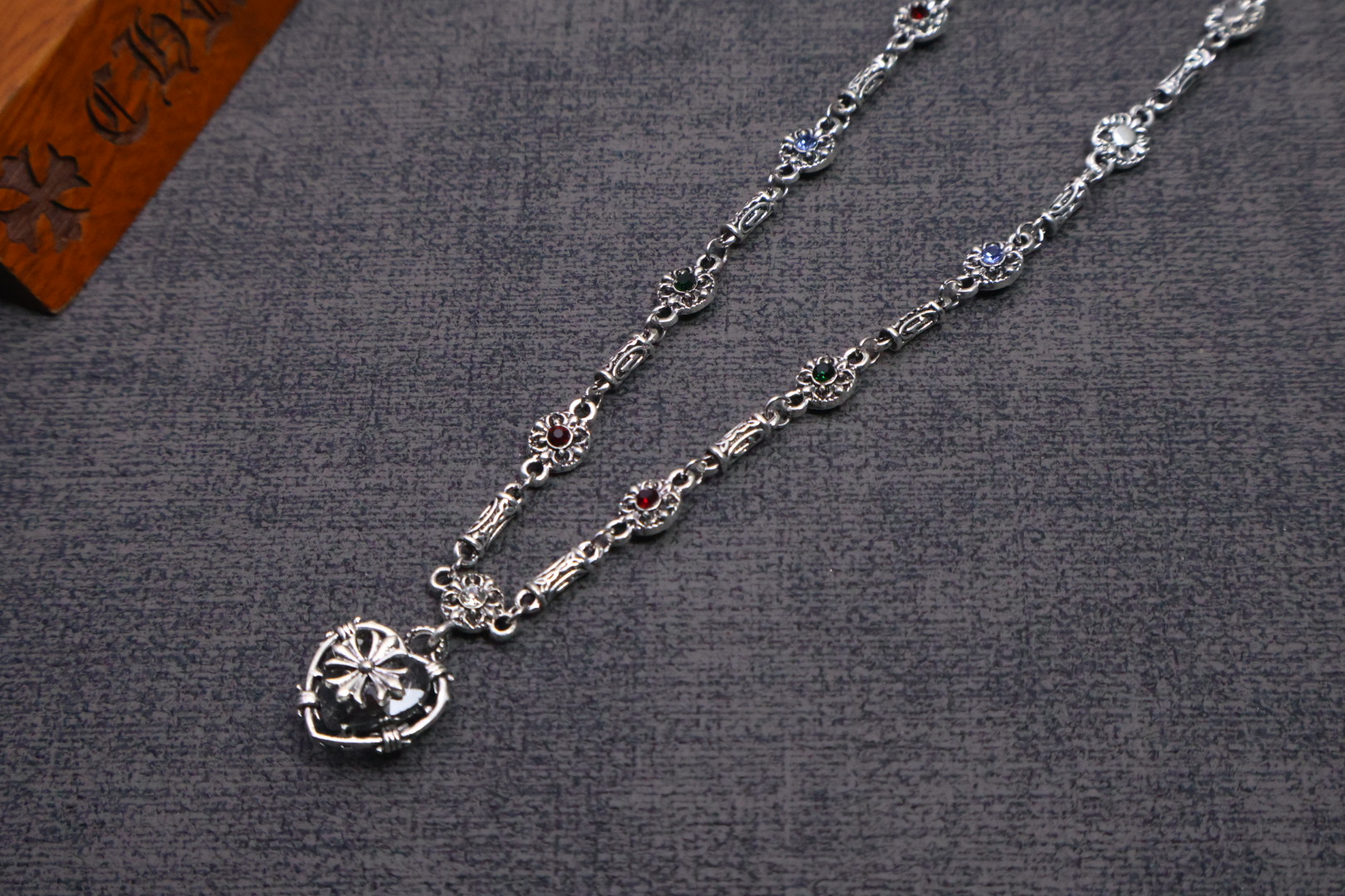 Chrome Hearts Gem - Embellished Heart & Cross Pendant Necklace - 925S Silver Chain Jewelry CH - GHCSP93