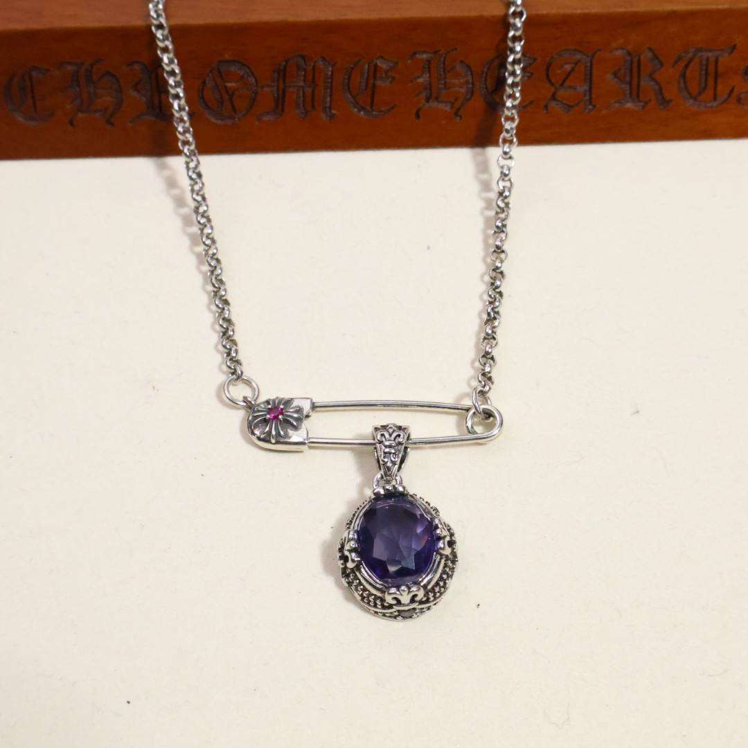 Chrome Hearts Safety Pin & Amethyst Locket Pendant Necklace - 925S Silver Chain Jewelry CH - SPALP89