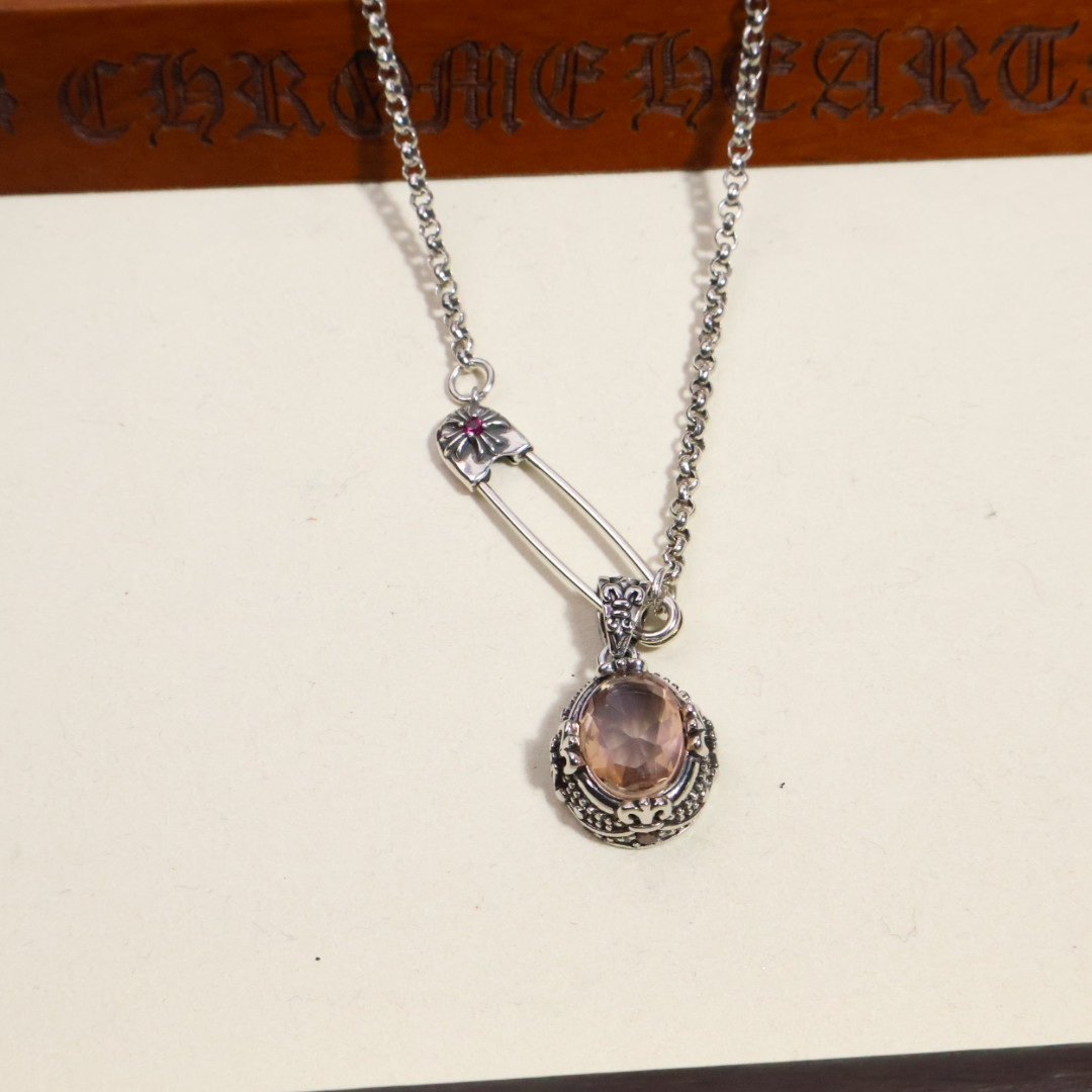 Chrome Hearts Safety Pin & Gemstone Locket Pendant Necklace - 925S Silver Chain Jewelry CH - SPGP88