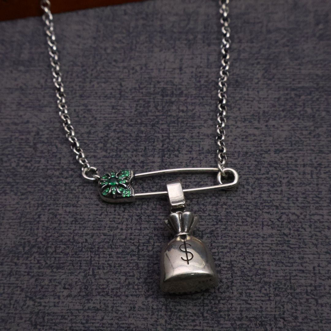 Chrome Hearts Safety Pin & Money Bag Pendant Necklace - 925S Silver Chain Jewelry CH - SPMBP87