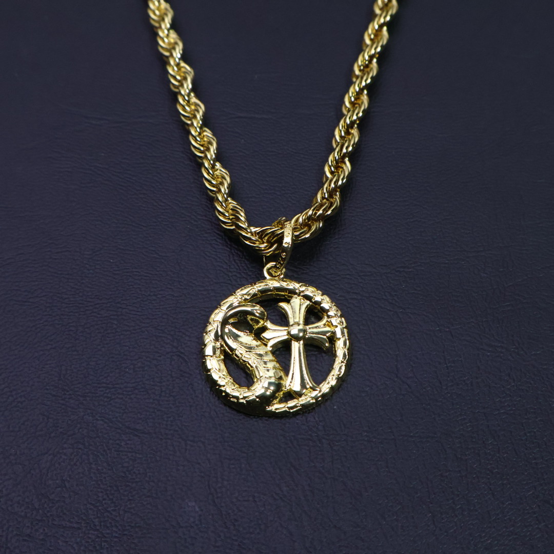 Chrome Hearts Cross & Snake Disc Pendant Necklace - Gold - Tone Rope - Chain Jewelry CH - CSDPG84